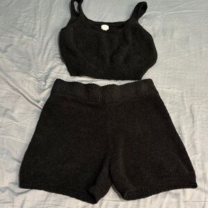Black Fuzzy Cropped Tank and Shorts Set